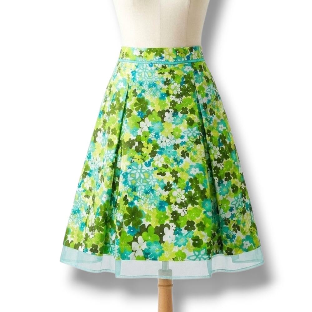 Requirements Green Floral Pleated A-Line Skirt Ribbon Trim Hem Size 6